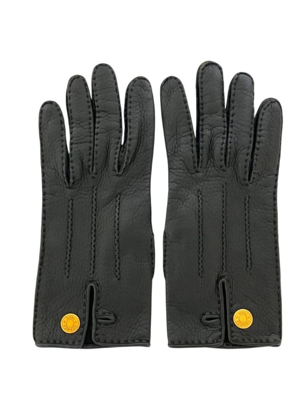 Hermes Sellier Buttons Deerskin Leather Gloves Black